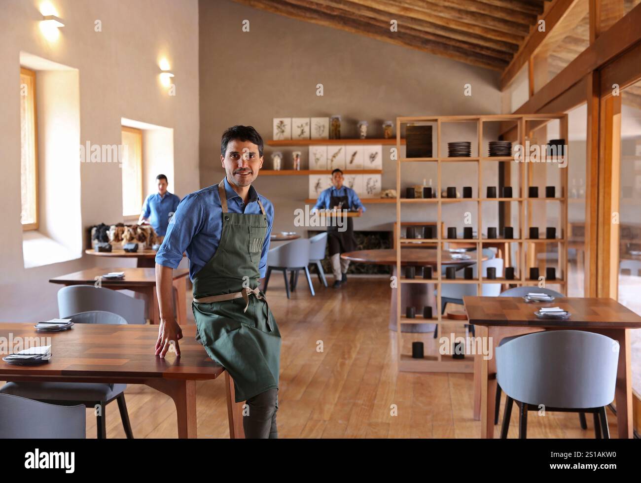 Peru, Andes, Moray, peruvian chef Virgilio Martinez in the lunch room of MIL, his andean cuisine restaurant located near the Inca frming terraces of Moray Stock Photo