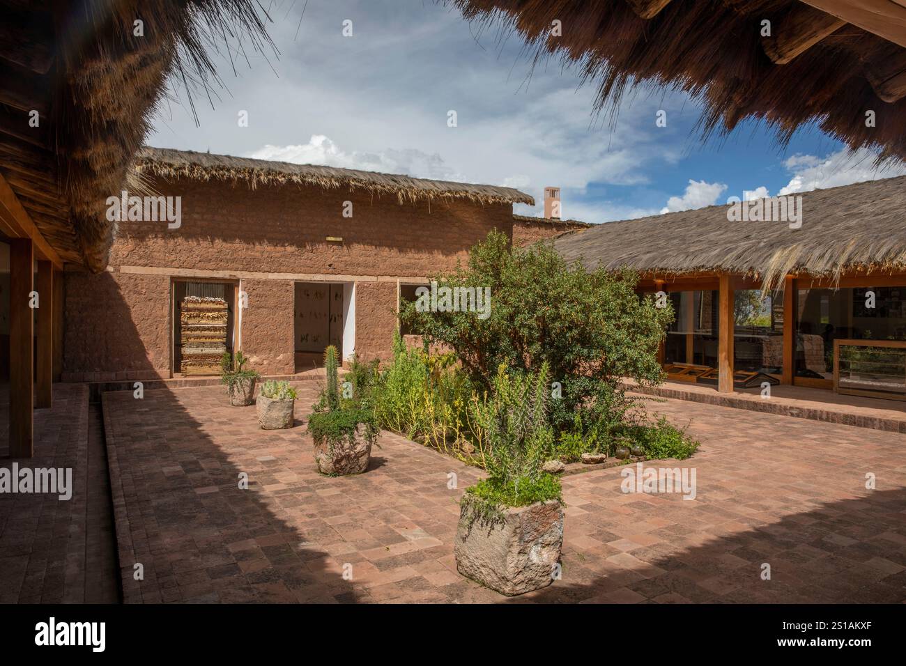 Peru, Andes, Moray, MIL courtyard in adobe, the peruvian chef Virgilio Martinez’s andean cuisine restaurant located near the Inca frming terraces of Moray Stock Photo