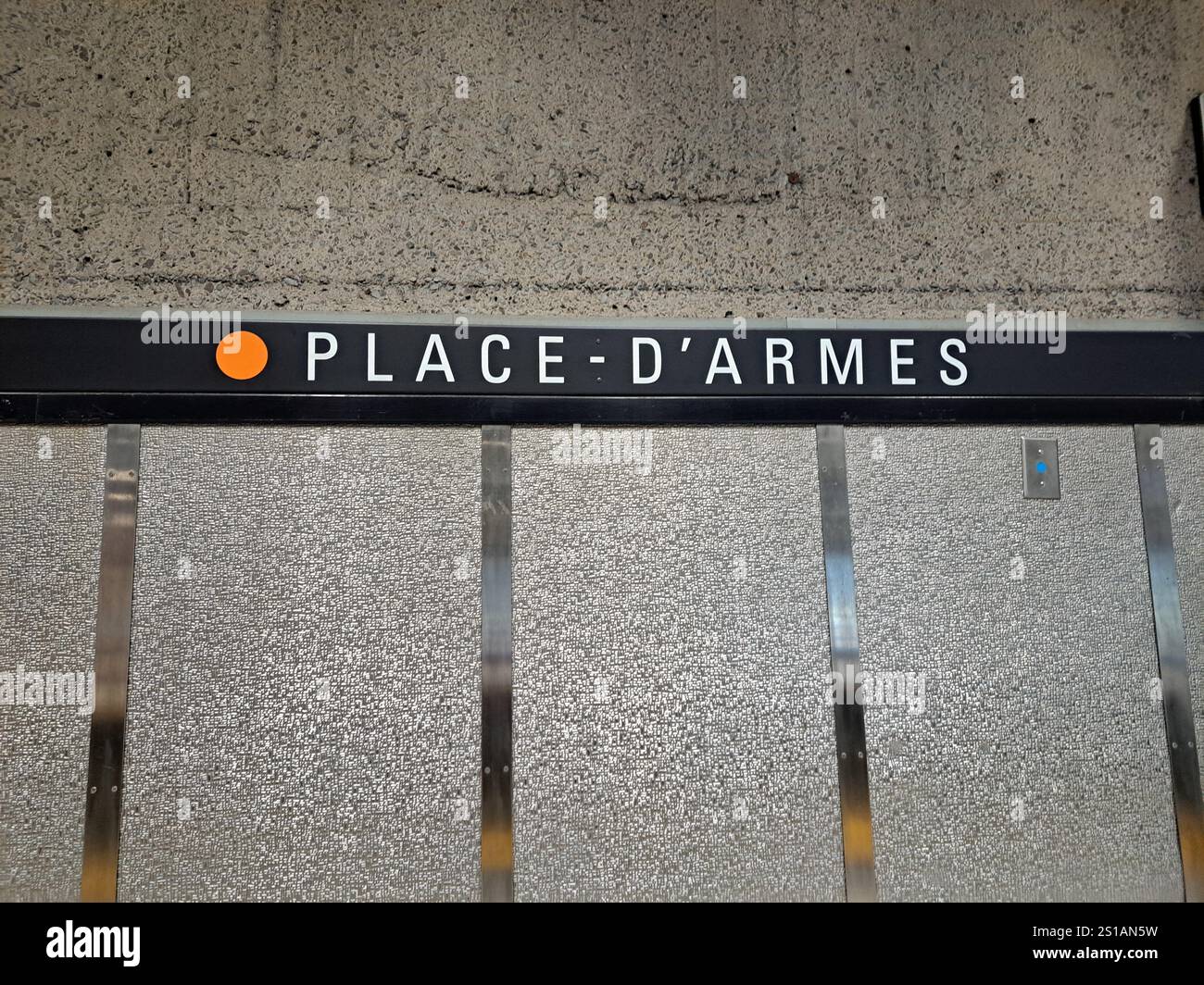 Place-D'Armes Metro station sign in Montreal, Quebec, Canada Stock ...