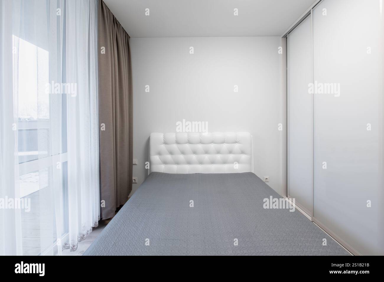 Minimalism Home Bedroom Interior. King Size Double Bed, Windows and ...