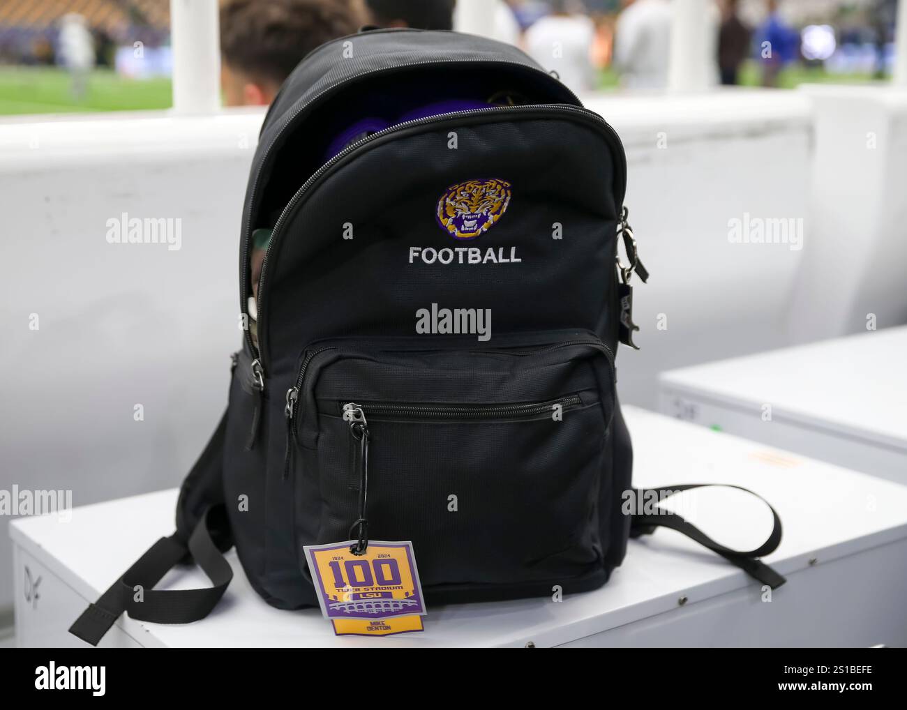HOUSTON, TX - DECEMBER 31: LSU Tigers team backpack on the sidelines ...