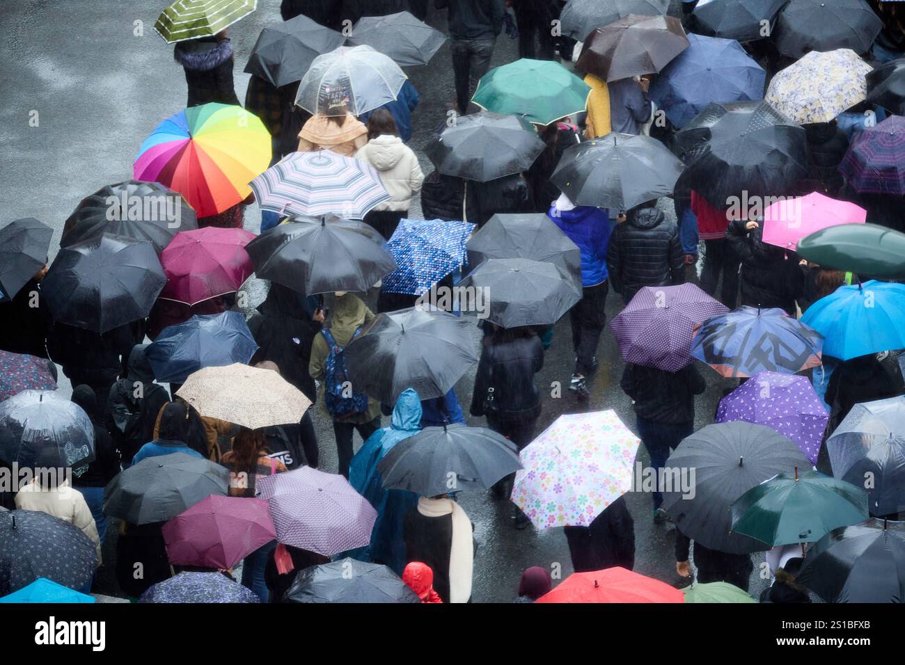 Demonstration of people with umbrellas on the street, Bilbao, Basque Country, Spain Stock Photo