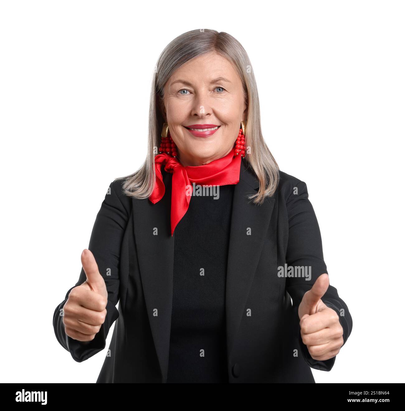 Senior woman showing thumbs up on white background Stock Photo - Alamy