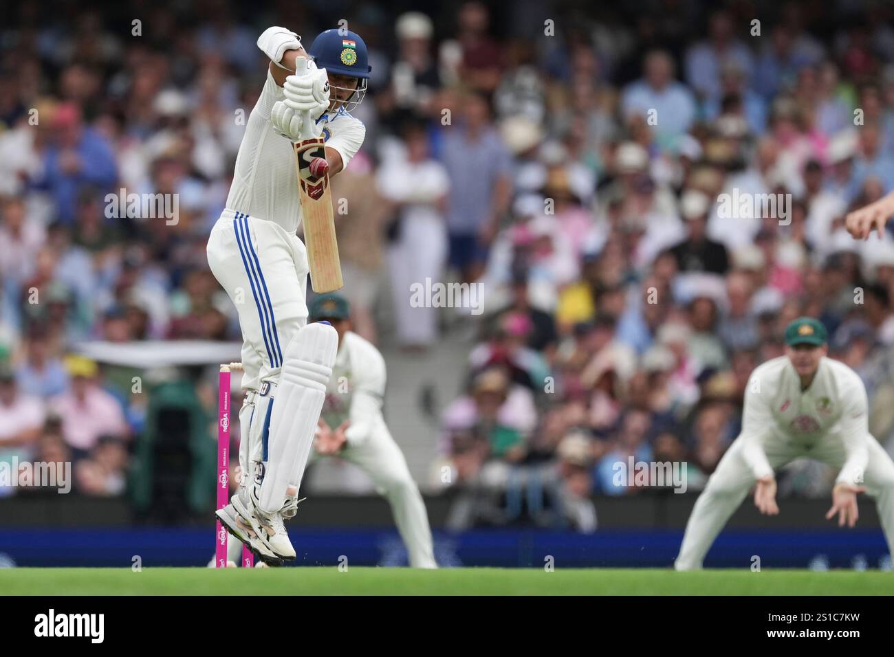 India's Yashasvi Jaiswal bats during play on the first day of the fifth