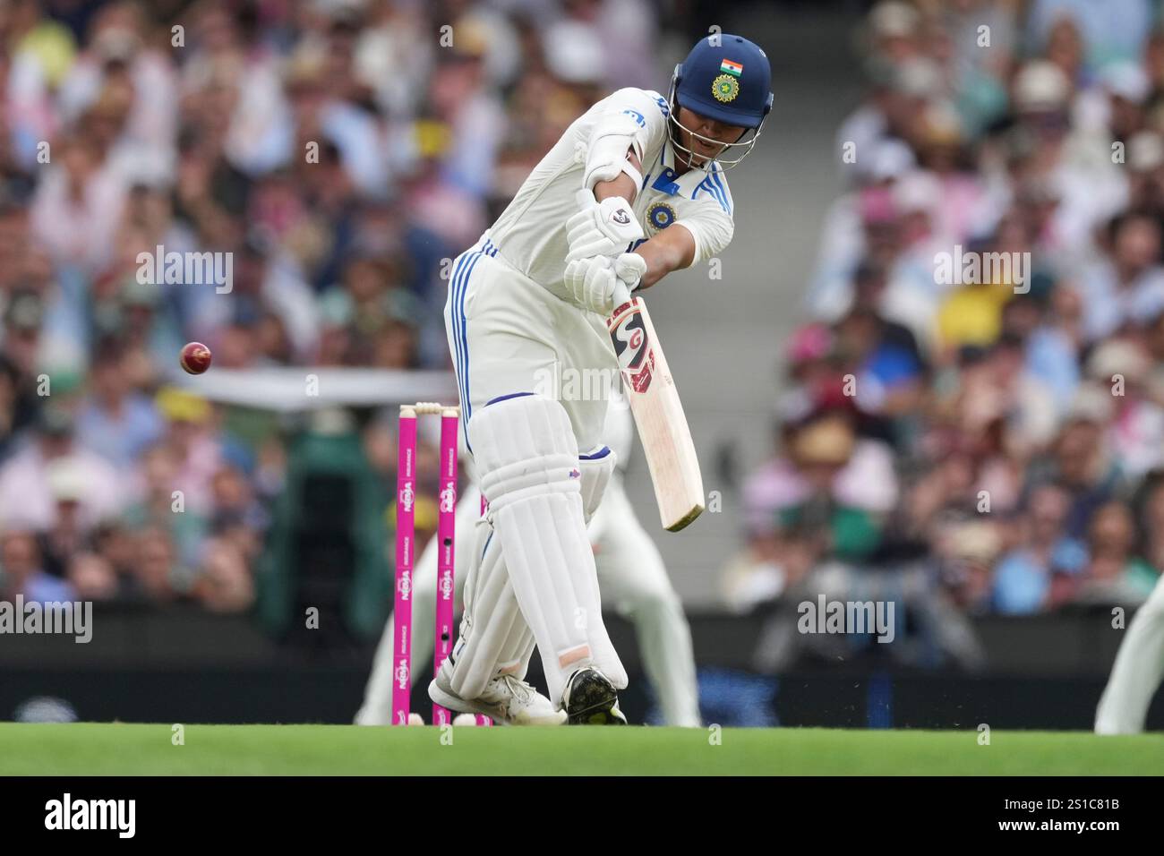 India's Yashasvi Jaiswal bats during play on the first day of the fifth