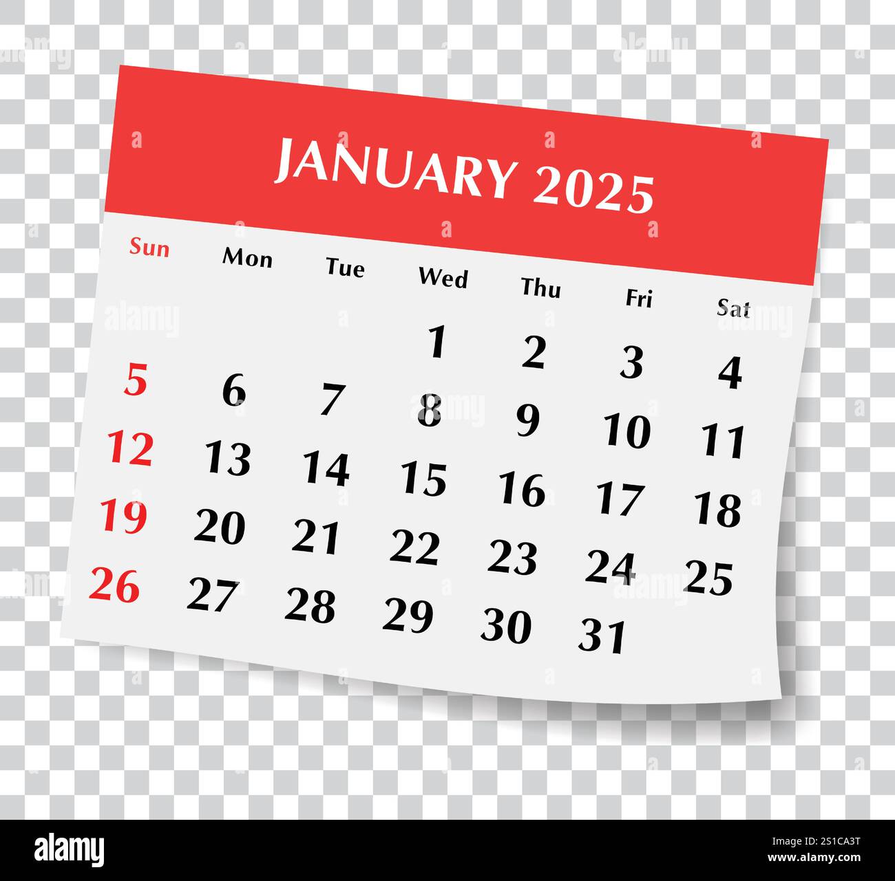 2025 January English calendar. A vector illustration of monthly paper