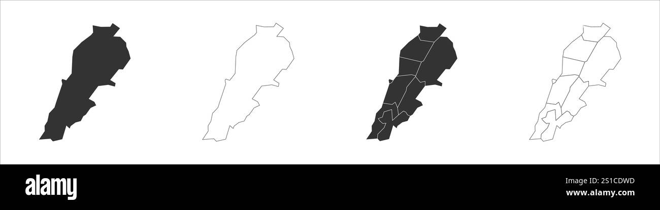 Lebanon set of three maps - solid map, outline map and map highlighting administrative divisions. Three distinct maps illustrate various representations of a geographical area. Stock Vector