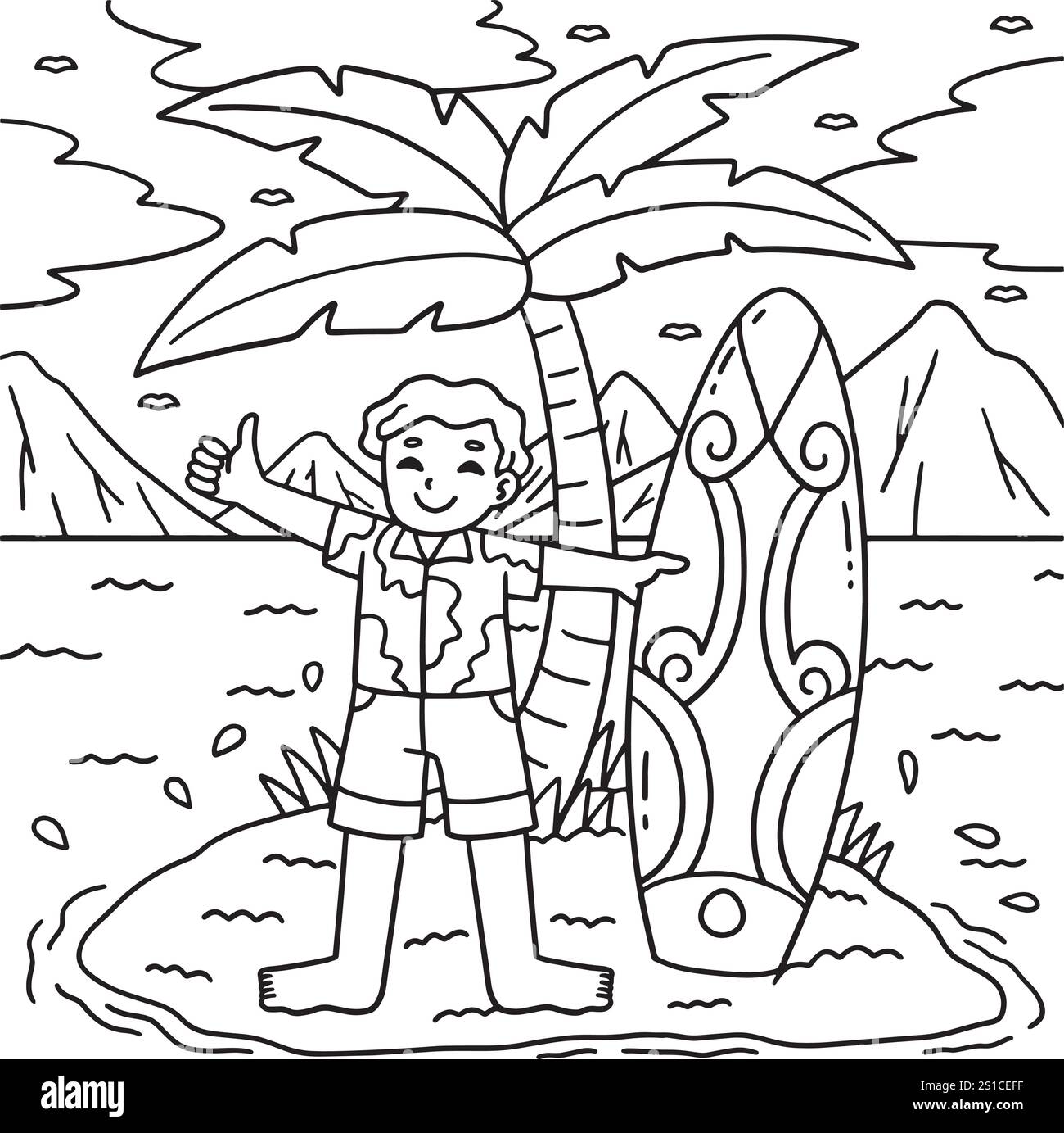 Surfing Boy Surfboard and Palm Tree Coloring Page Stock Vector Image ...