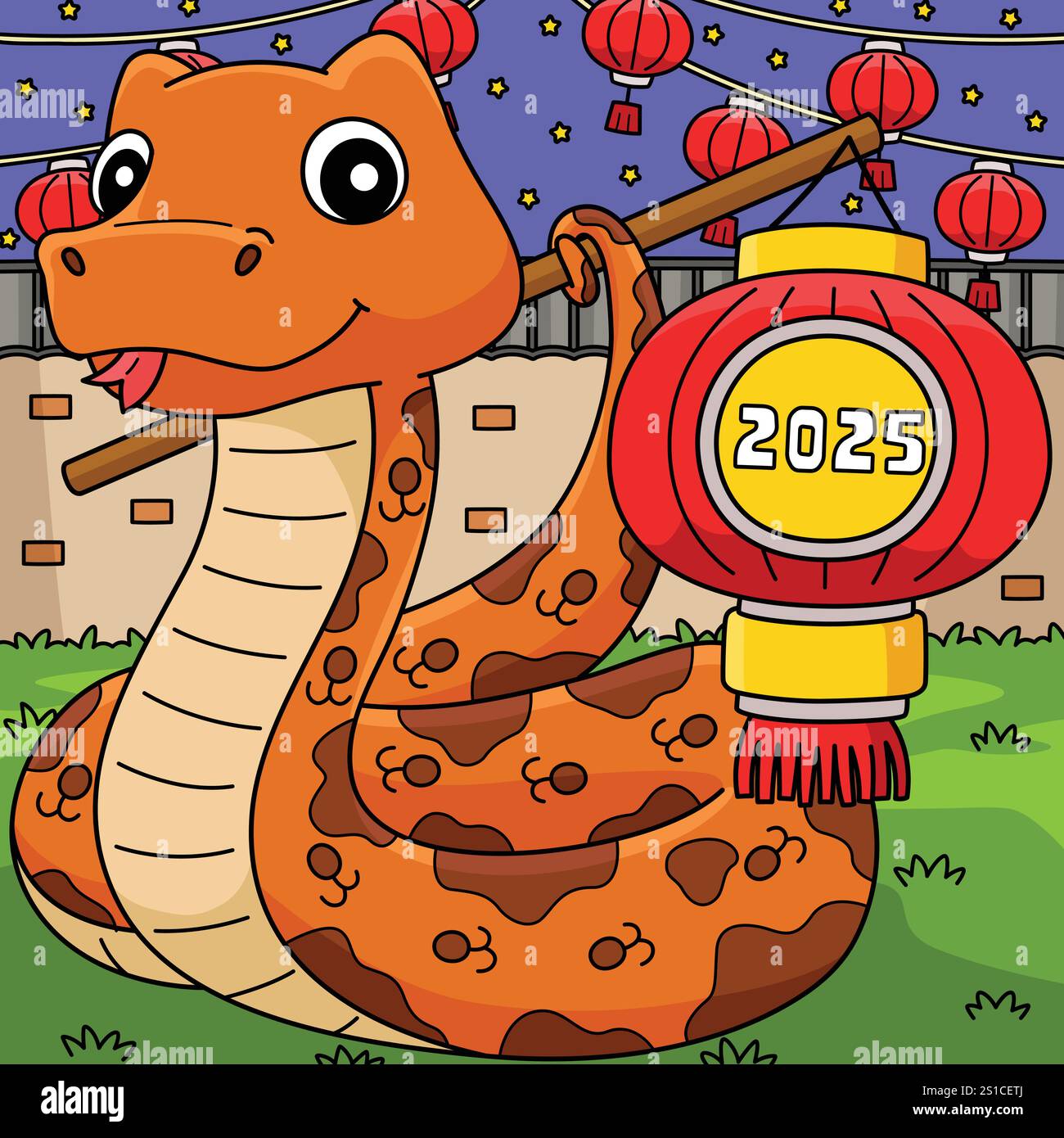 Year of the Snake Holding Lantern 2025 Colored Stock Vector Image & Art ...