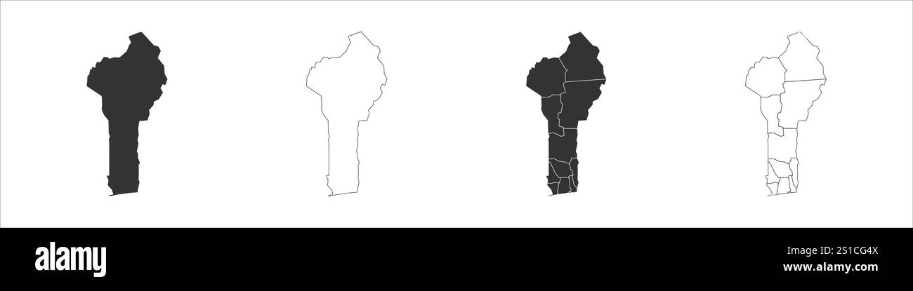 Benin set of three maps - solid map, outline map and map highlighting administrative divisions. Three distinct maps illustrate various representations of a geographical area. Stock Vector