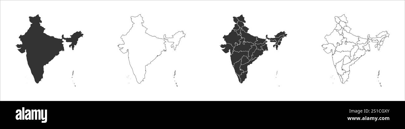 India set of three maps - solid map, outline map and map highlighting administrative divisions. Three distinct maps illustrate various representations of a geographical area. Stock Vector