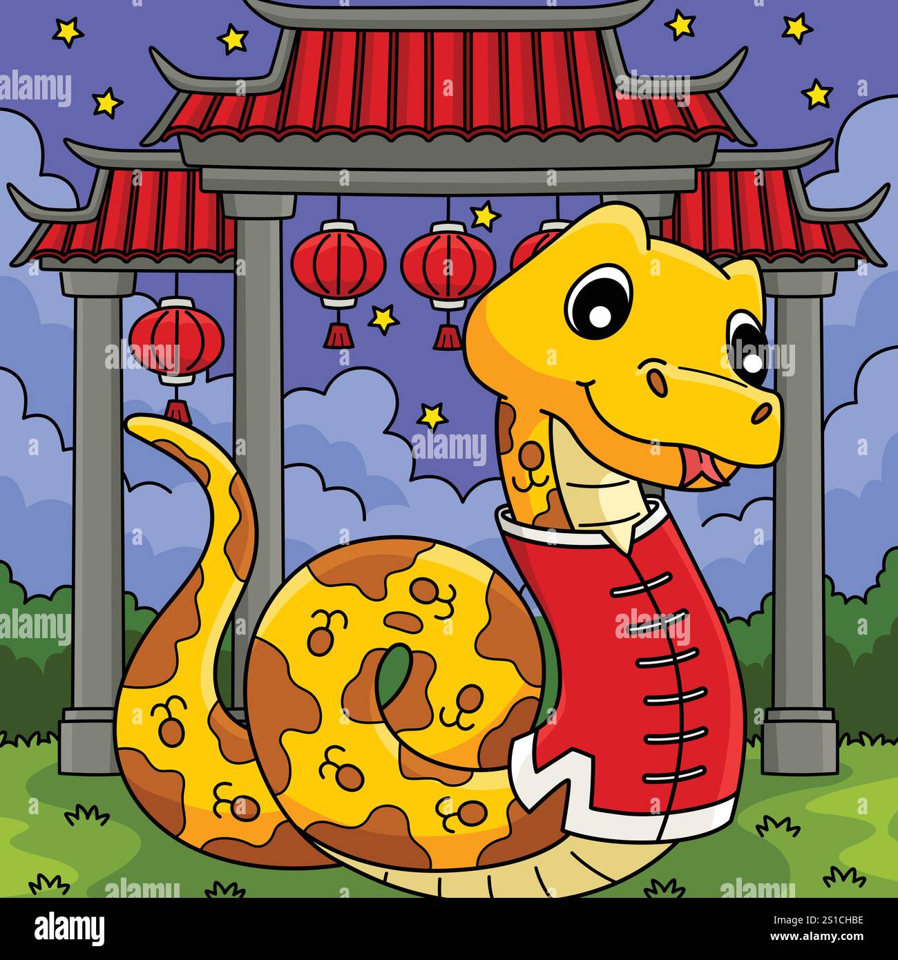 Year of the Snake in front Chinese Temple Colored Stock Vector Image ...