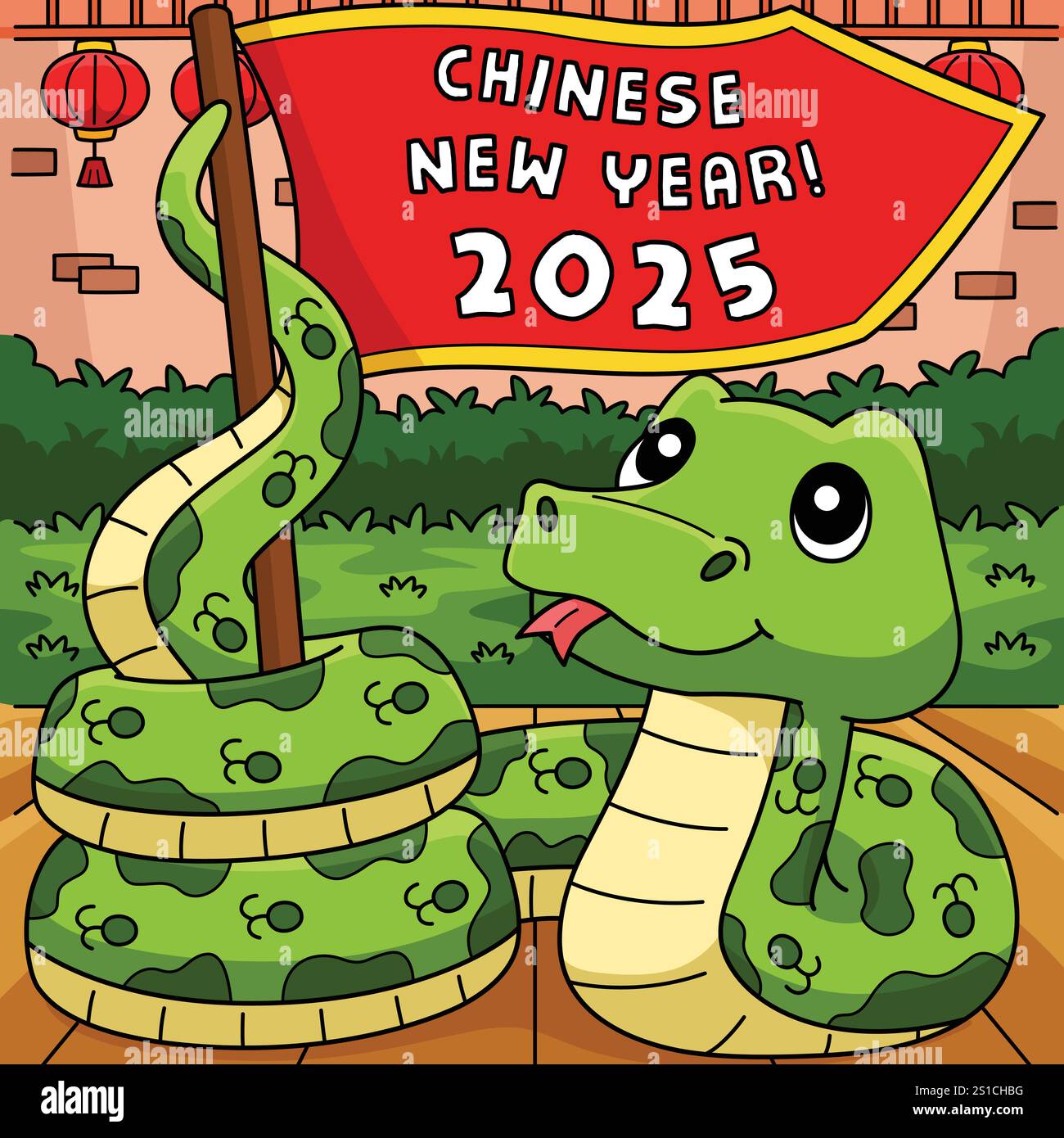 Year of the Snake Holding a Flag Colored Cartoon Stock Vector Image ...