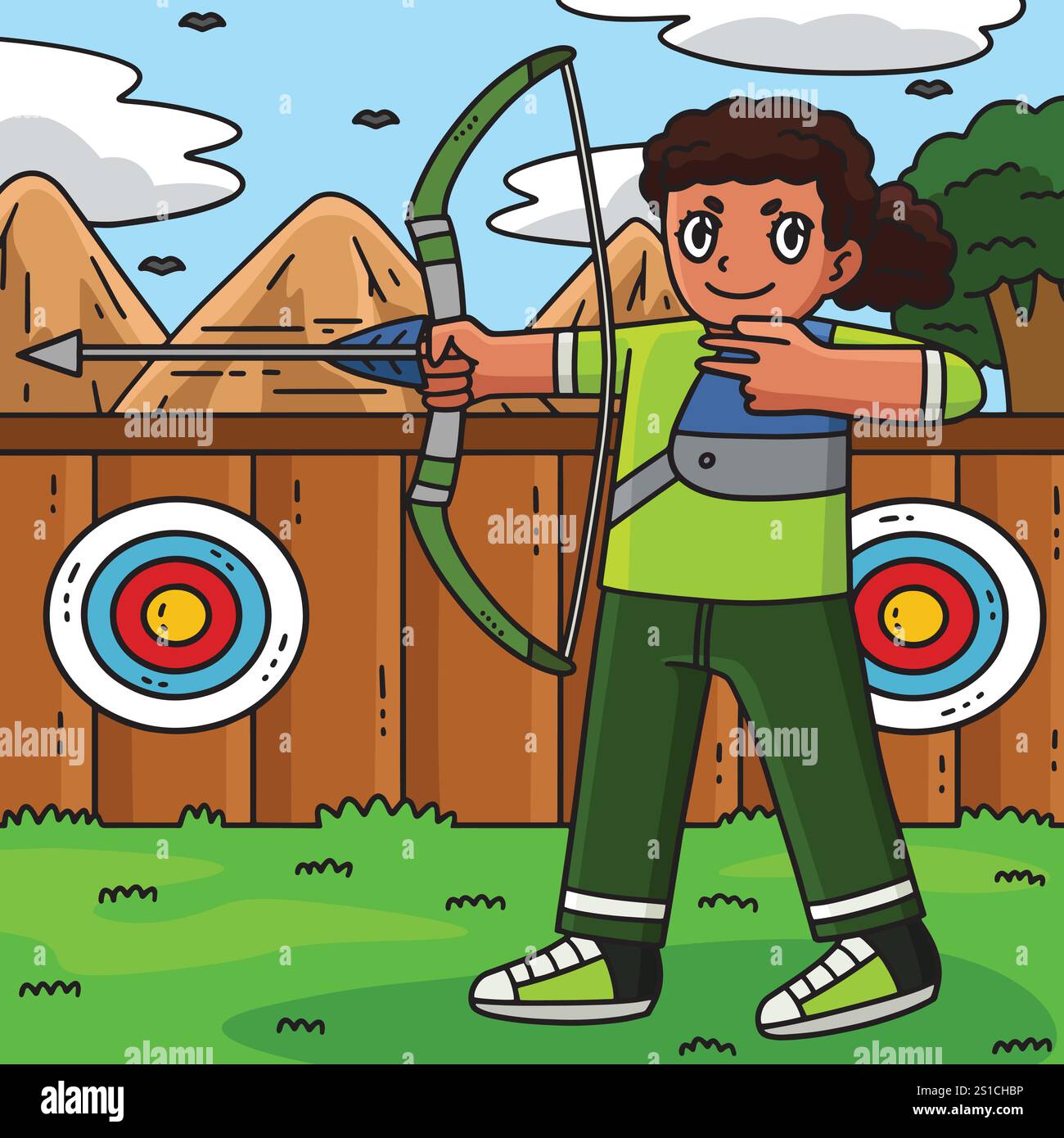 Archery Female Archer Firing Arrow Colored Cartoon Stock Vector Image 