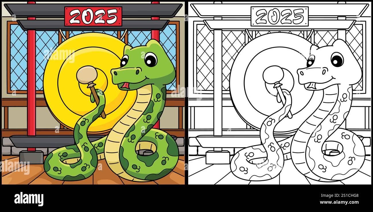 Year of the Snake with Gong Coloring Illustration Stock Vector Image ...