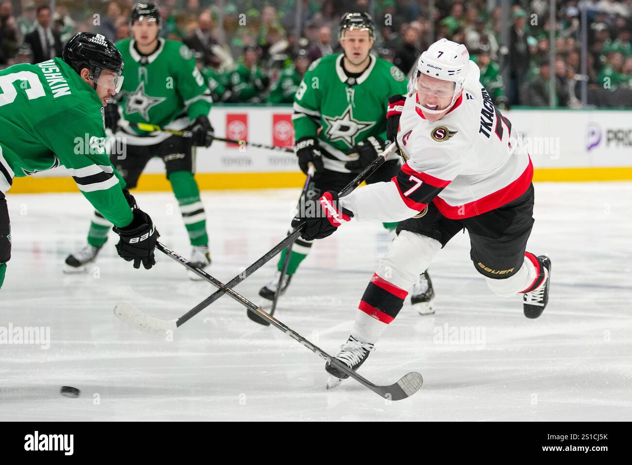 Ottawa Senators left wing Brady Tkachuk (7) shoots against Dallas Stars ...