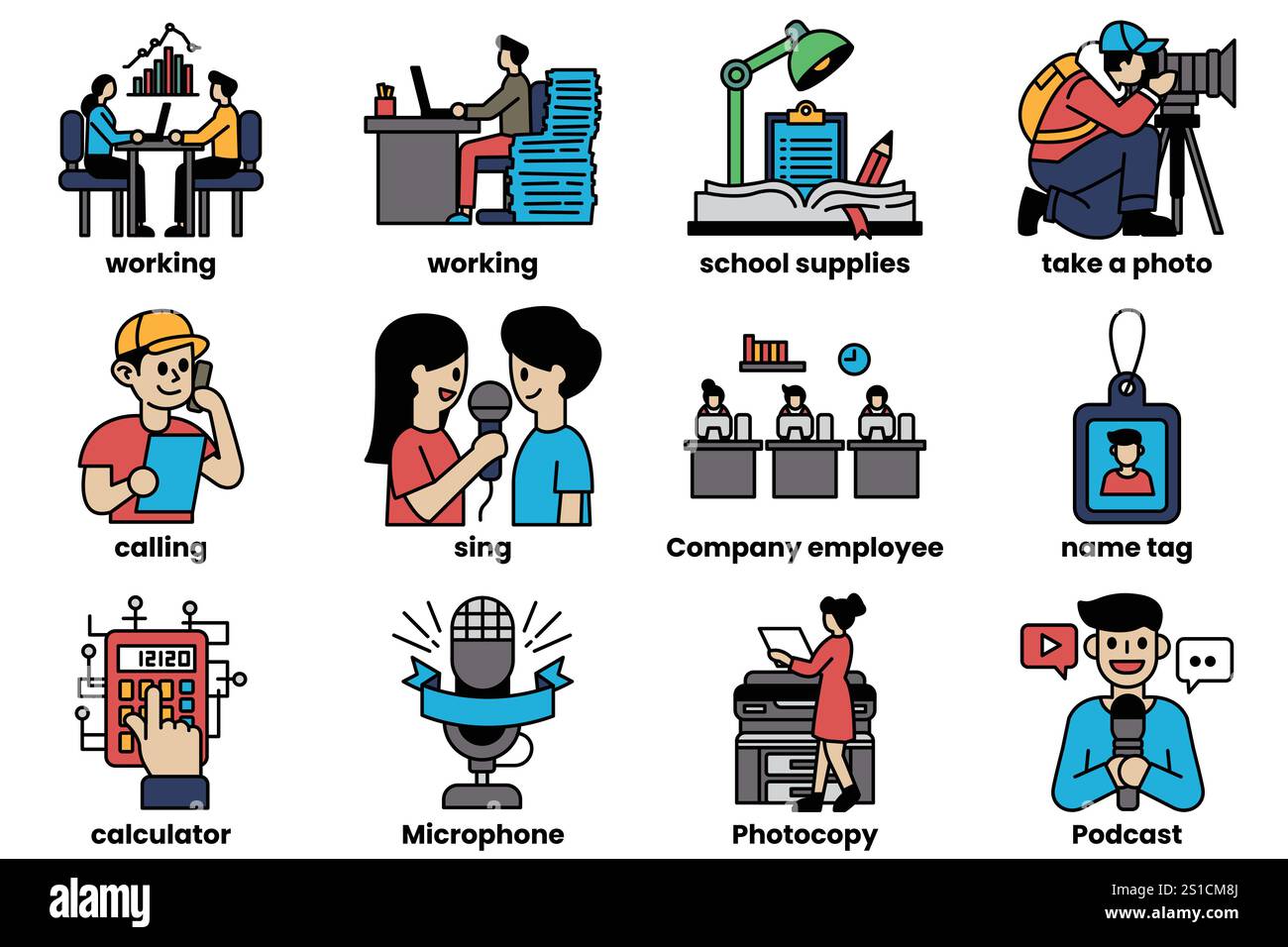 A series of cartoon images of people doing various things including