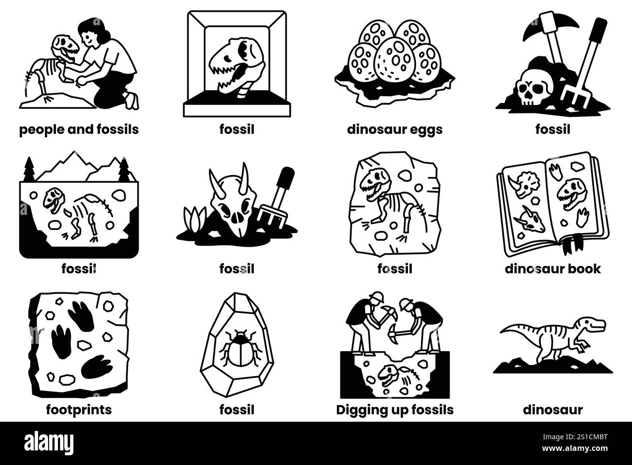 Fossil is a picture of a dinosaur. People and fossils are a picture of a man and a dinosaur Stock Vector