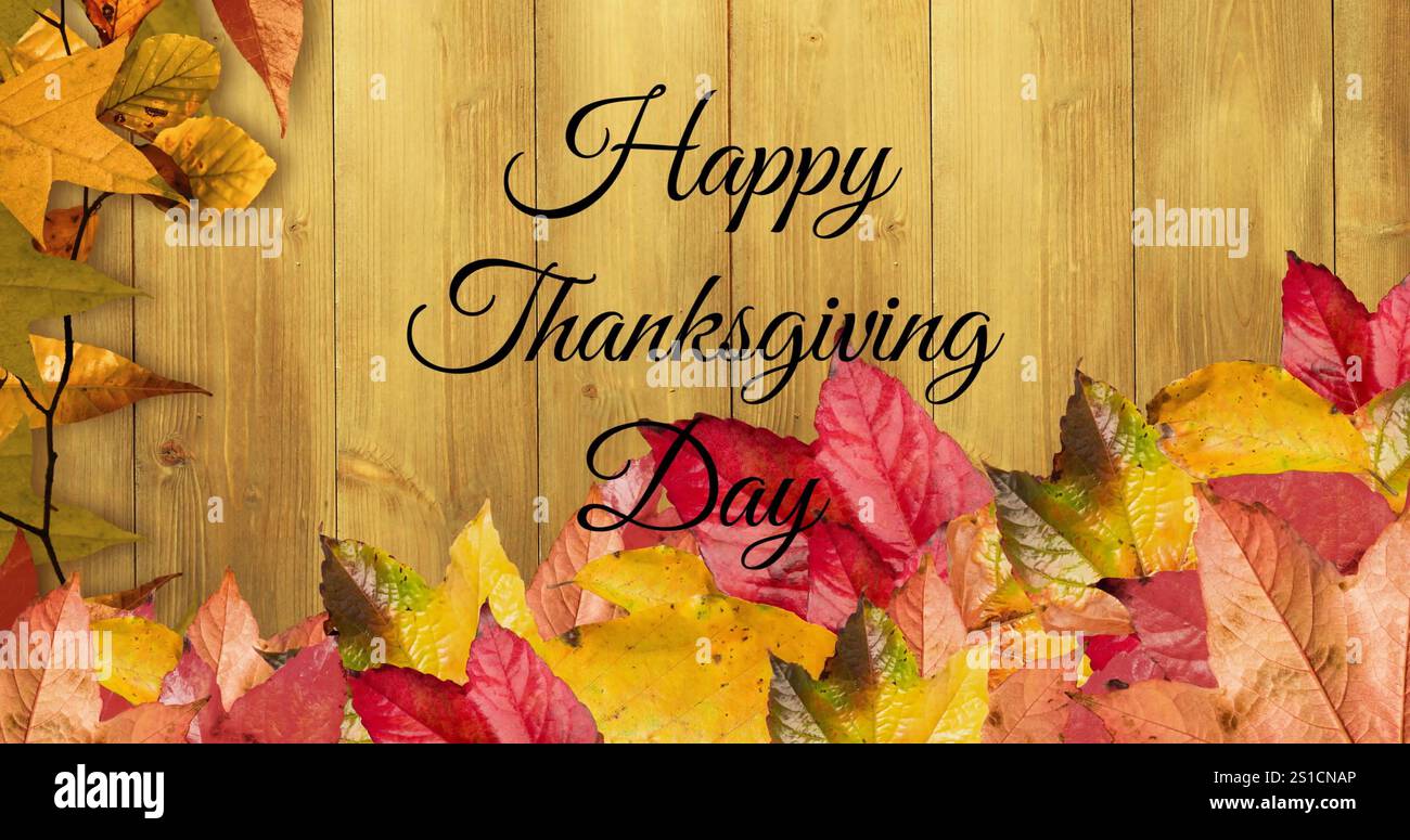 Image of happy thanksgiving day text over autumn leaves background ...