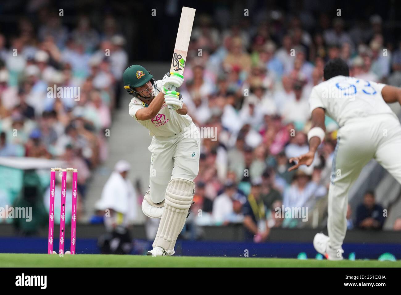 Australia's Sam Konstas hits a boundary during play on the first day of
