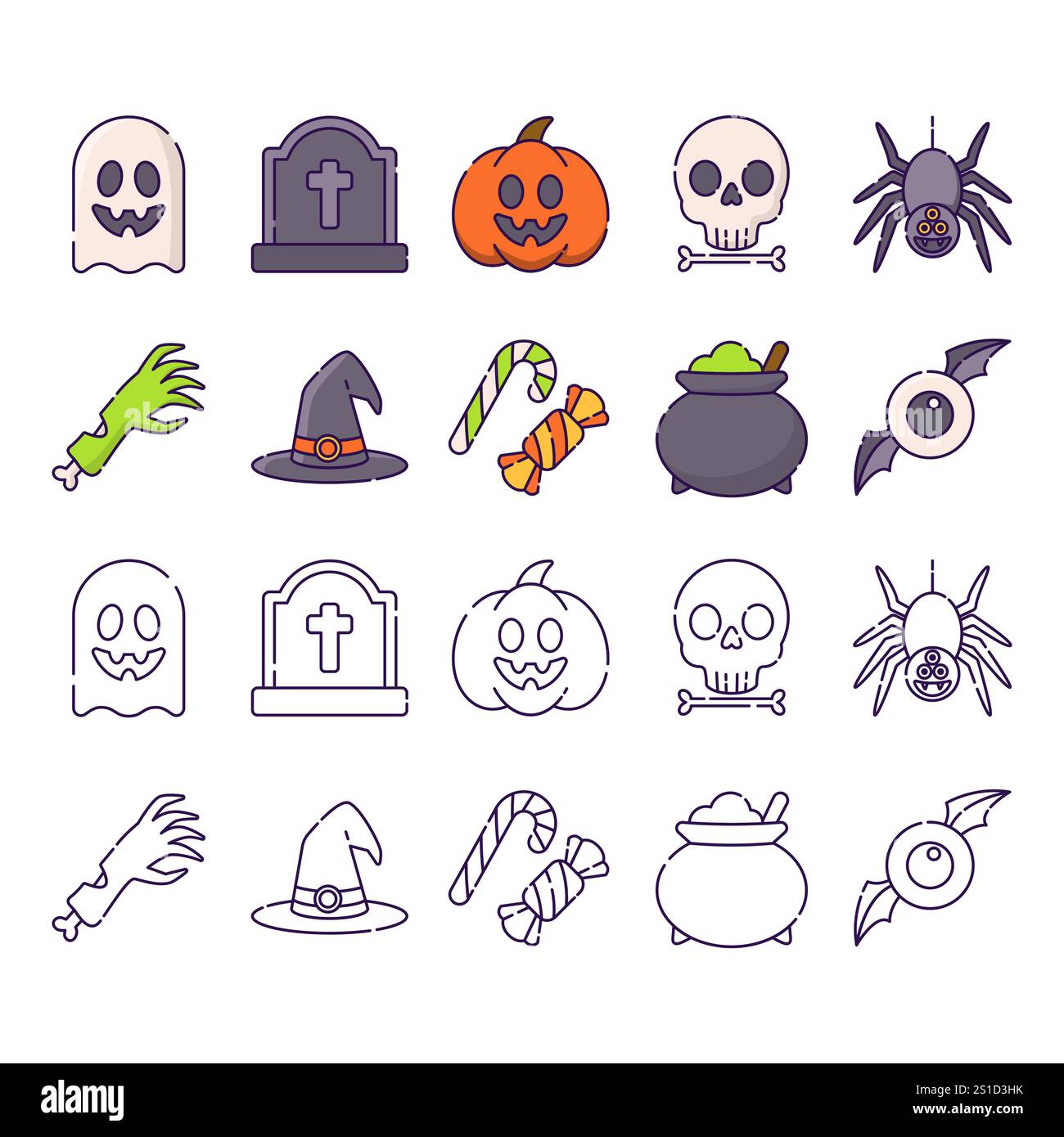 cute halloween vector element collection in outlined style Stock Vector