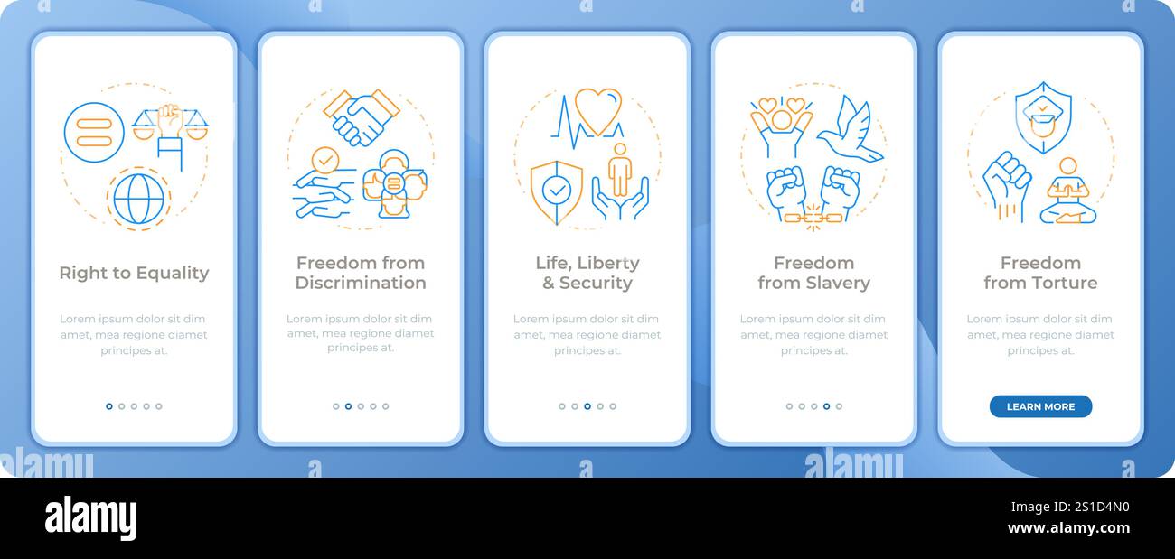 Social equality freedom app onboarding screens Stock Vector