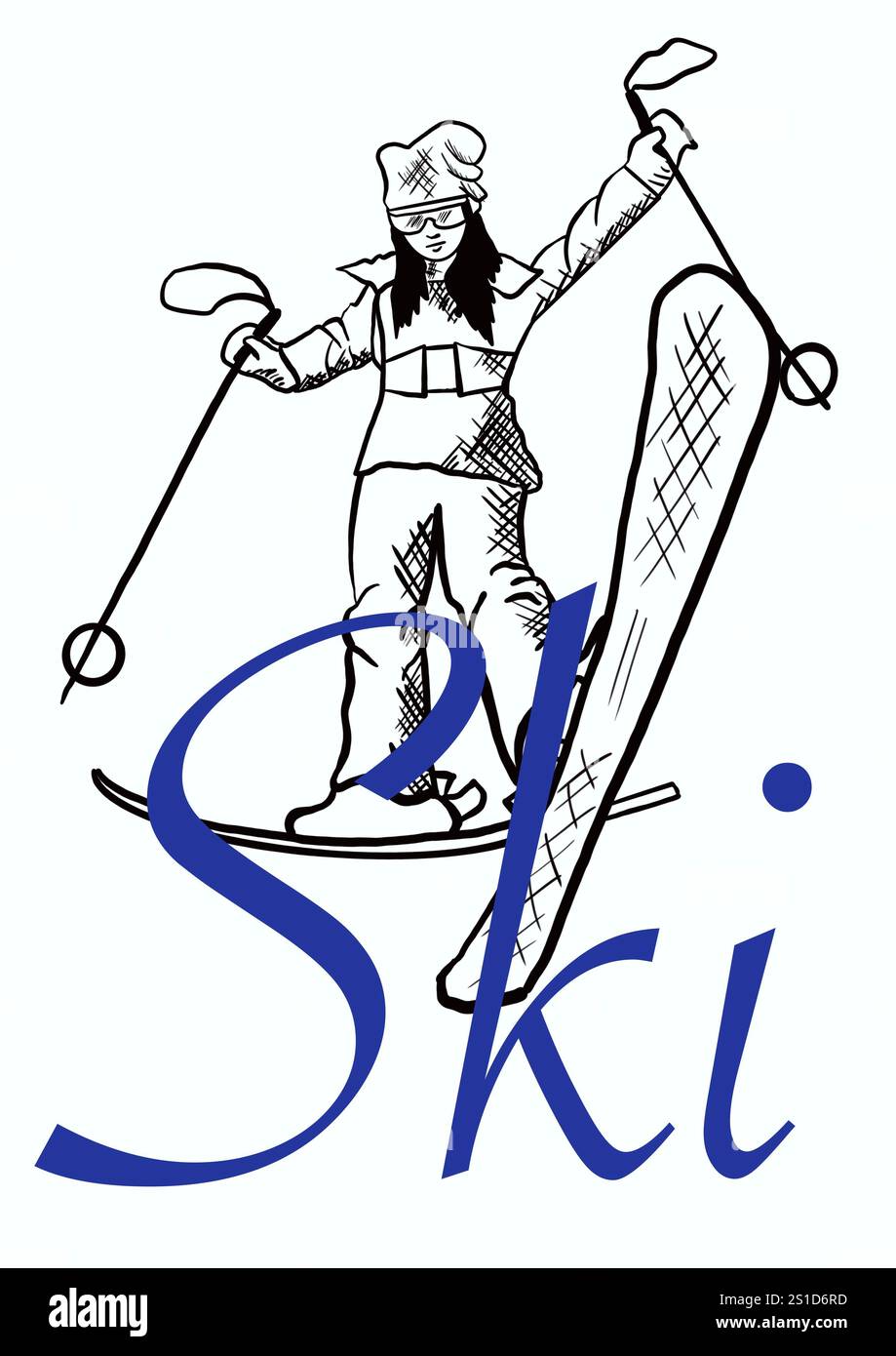 Illustration of a girl skiing on a mountain slope with skis Stock Photo