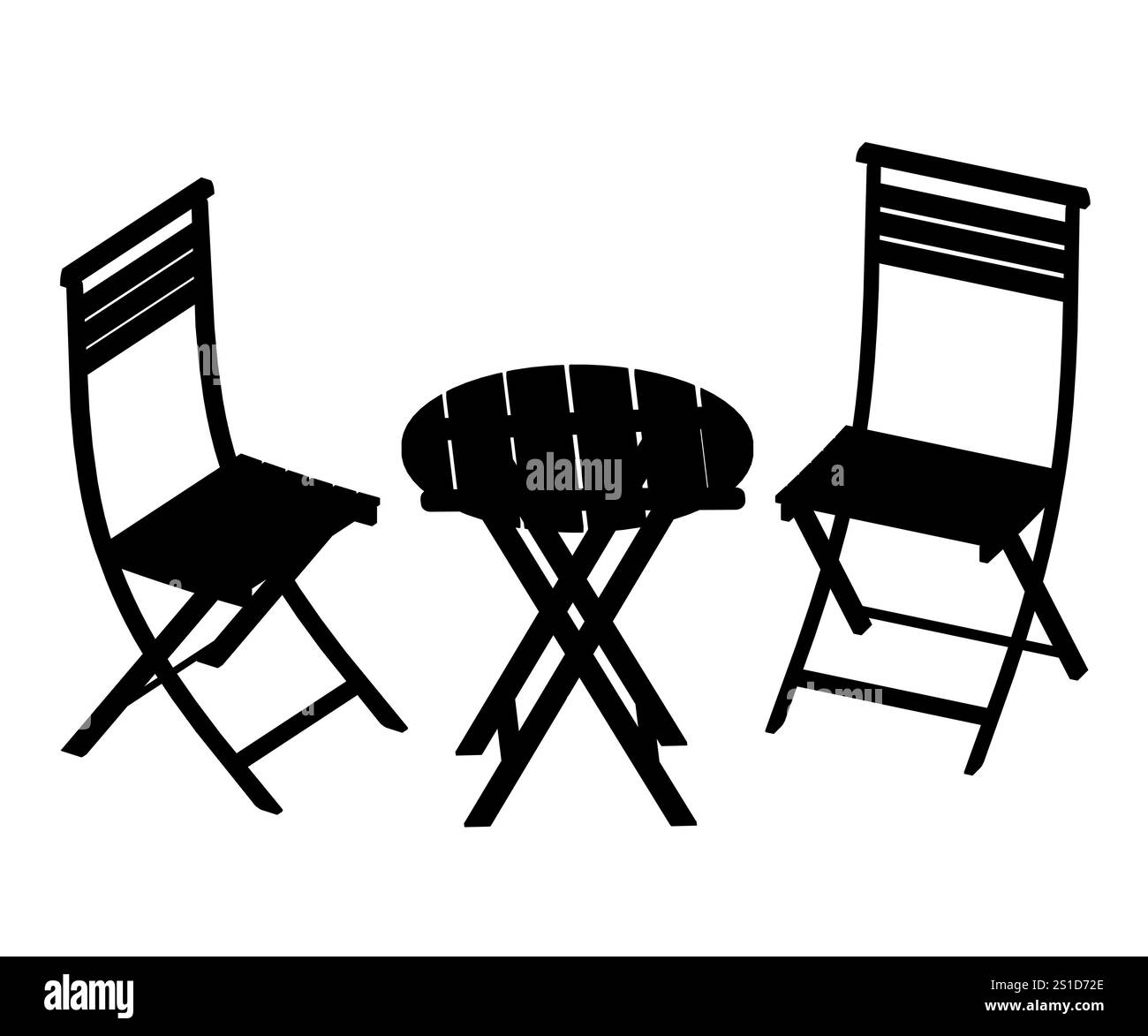 Black and white drawing of a table and two chairs. The table is round and the chairs are wooden Stock Vector