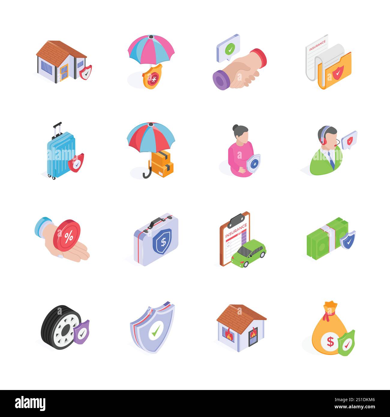 This set of colorful, isometric vector icons depicts different aspects of insurance Stock Vector