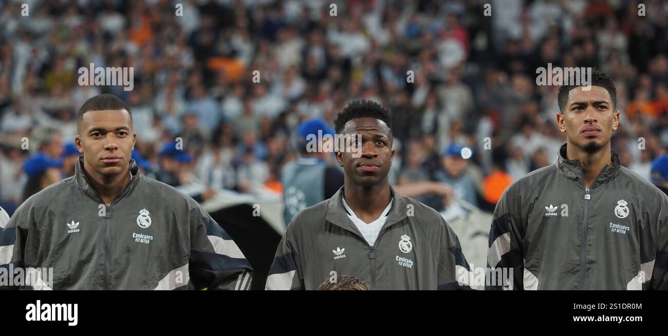 Kylian Mbappe, Vinicius Jr and Jude Bellingham at the beginning of a game. Stock Photo