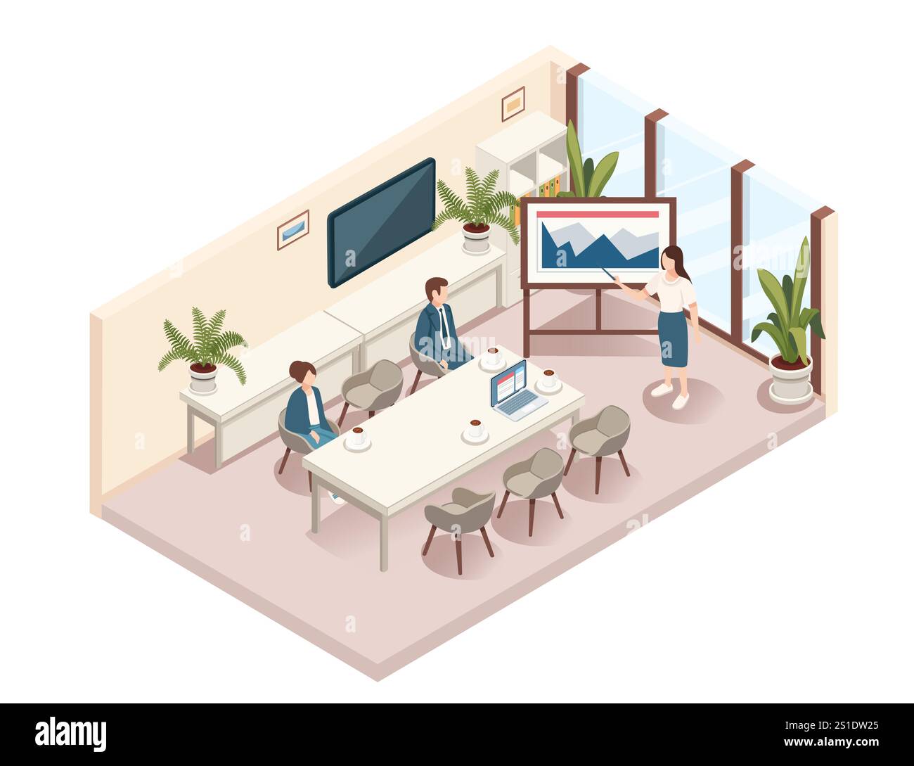 Isometric meting room with a presenter explaining data on a board to a group, teamwork, presentation, and corporate culture. Great for business, educa Stock Vector