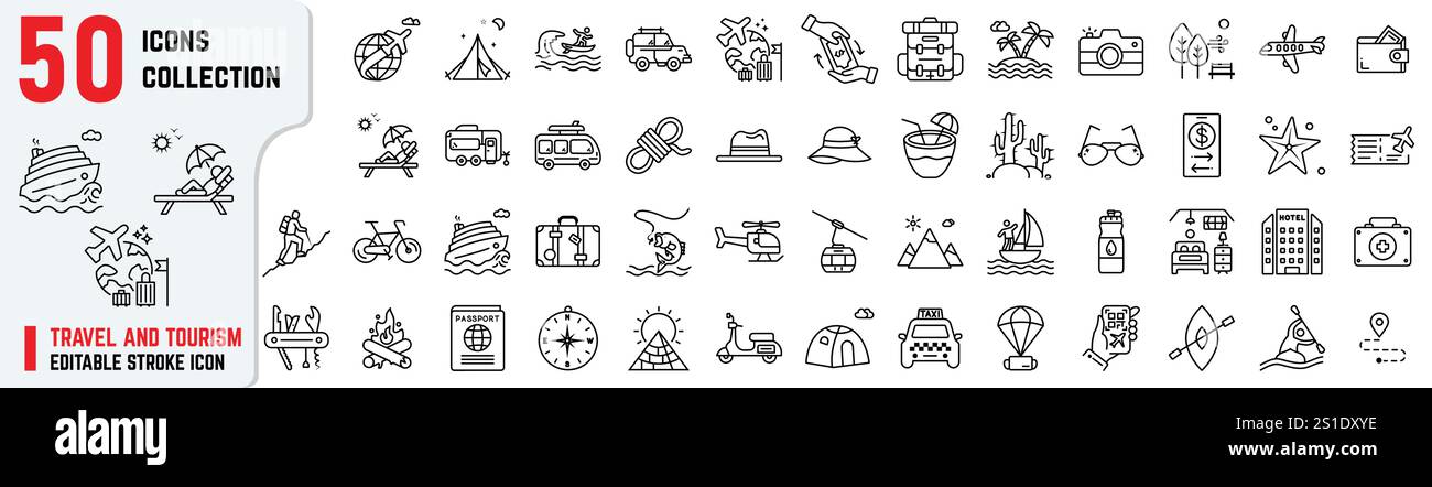Travel and Tourism editable stroke icons, Tourism icons also include safari, beach, wanderlust, hiking, cruise ship, road triIp, beach resort Stock Vector