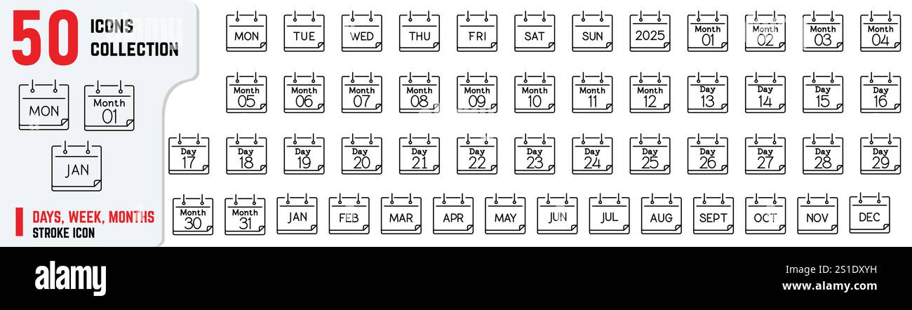 Days, Months, and Calendar Icons – Editable Line Set, Calendar icons with 1 to 31 days. Monday, Tuesday, Wednesday, Thursday, Friday, Saturday, Sunday Stock Vector