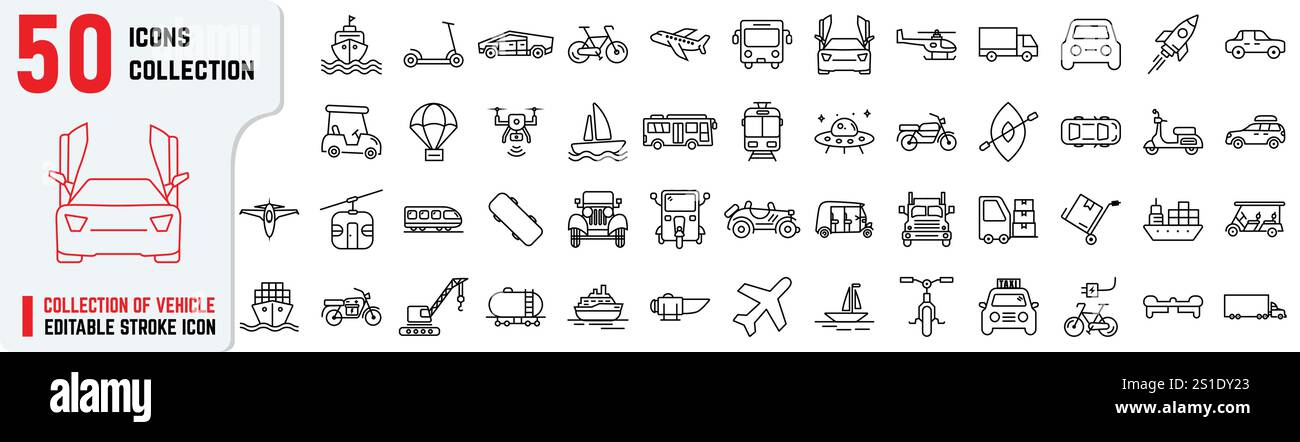 Collection of vehicle in editable stroke icon, Contains such as car, motorbike, cycle, jet, commercial cargo, drone, jeep, cable, helicopter crane Stock Vector