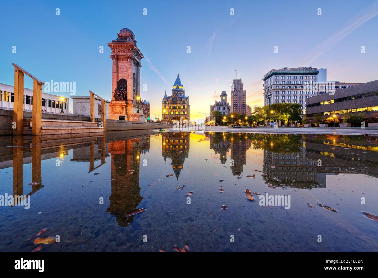 Syracuse, New York, USA downtown cityscape time lapse at Clinton Square. Stock Photo