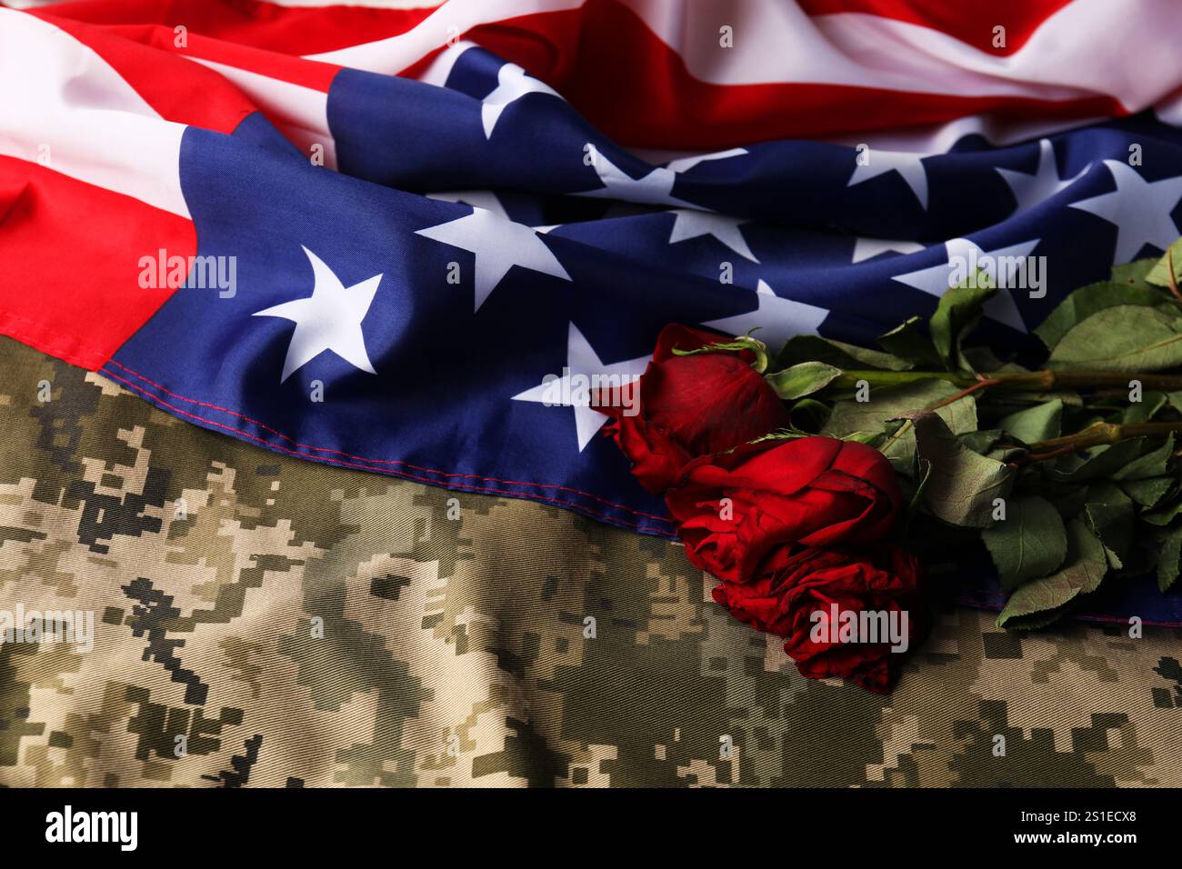 Veterans day. American flag, roses and military uniform, top view Stock ...
