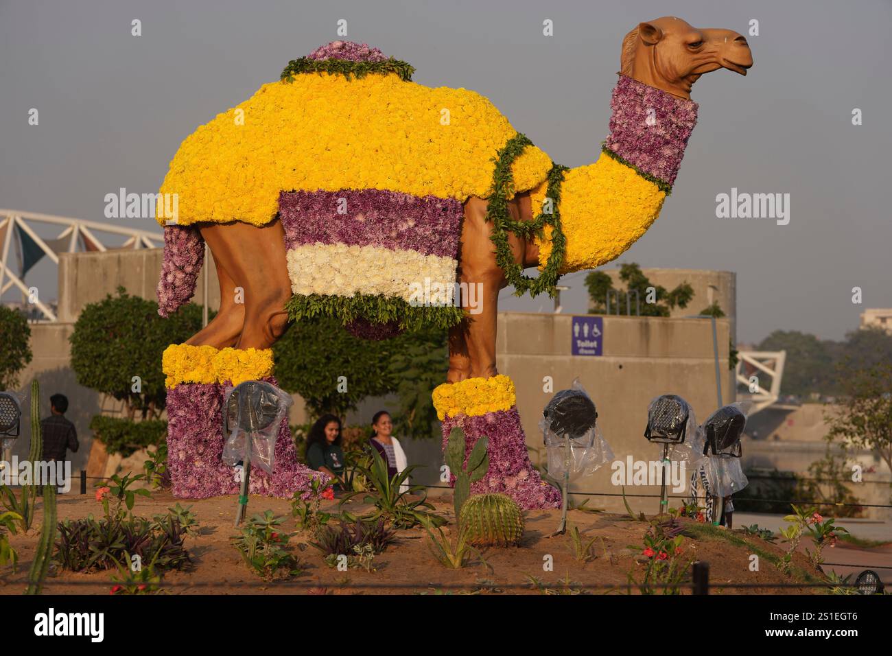 Visitors walks past a sculpture of camel made by flowers at a Flower