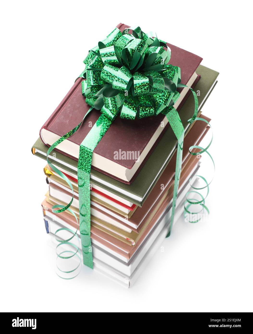 Stack of books with green bow as gift isolated on white Stock Photo - Alamy