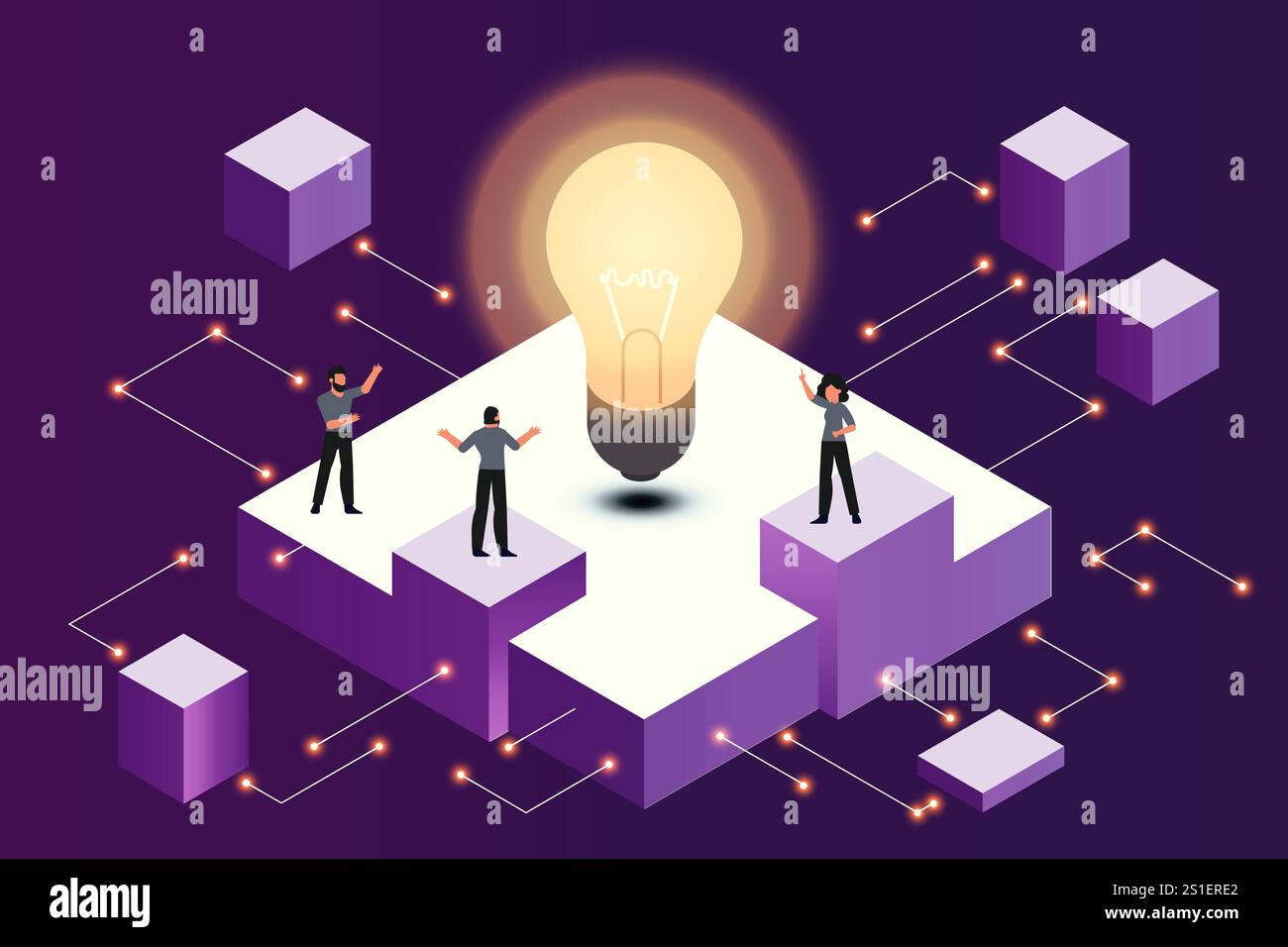 Vector isometric illustration people team working with cube and create database. Virtual communication and connection datacenter Stock Vector