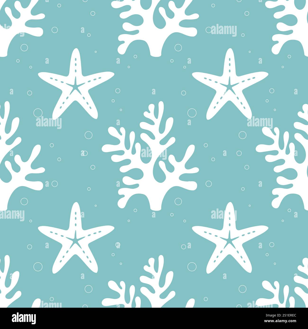 Marine soft blue pattern with white corals and starfish. Vector illustration Stock Vector