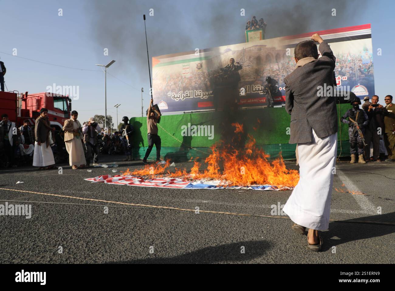 Houthi supporters protest against the US and Israel in Sana a Houthi