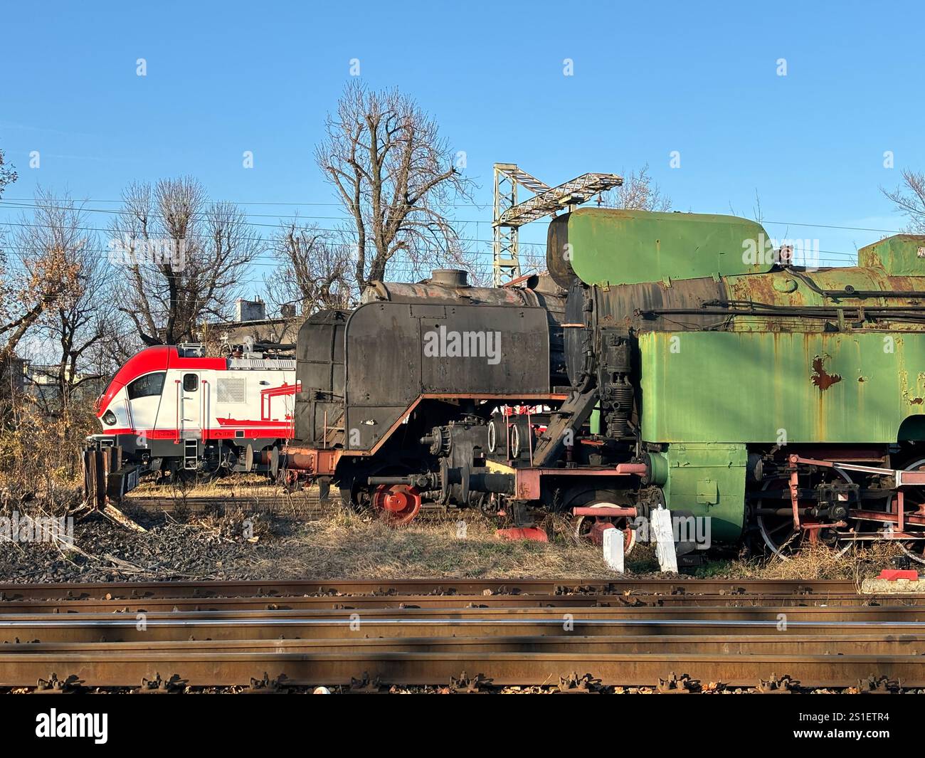 Old Polish Steam, Diesel and Electric locomotives at the Muzeum Kolejnictwa na Śląsku w Jaworzynie Śląskiej, Poland. Old Industrial Public Transport - Smartphone Captured Stock Image
