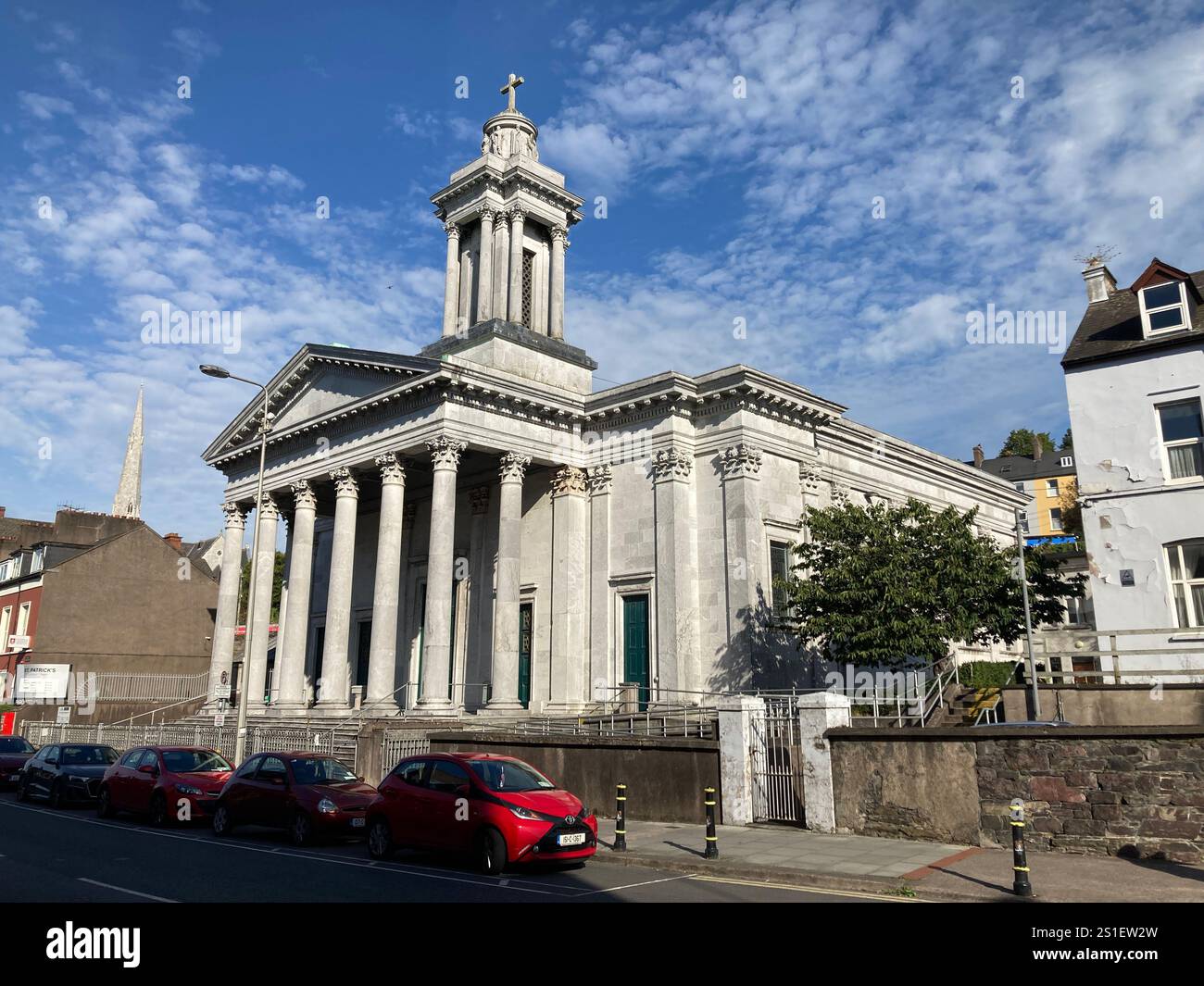 Buildings and streets in Cork, Ireland. Irish iconic landscape with Famous building and architecture - Smartphone Captured Stock Image