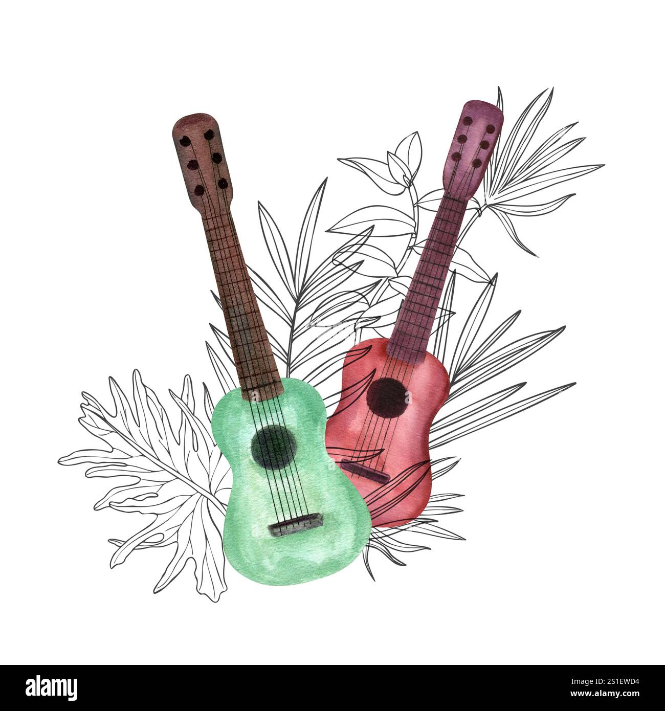 Watercolor six string guitars on monochrome tropical leaves ...