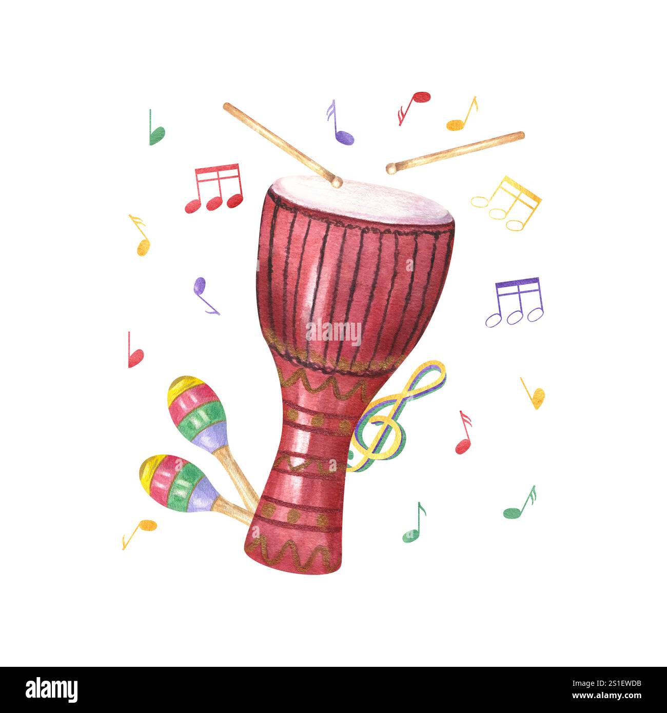 Djembe drum, colored maracas and flying musical notes watercolor illustration. Traditional ethnic music percussion instruments. Mardi Grass, Brazilian Stock Photo