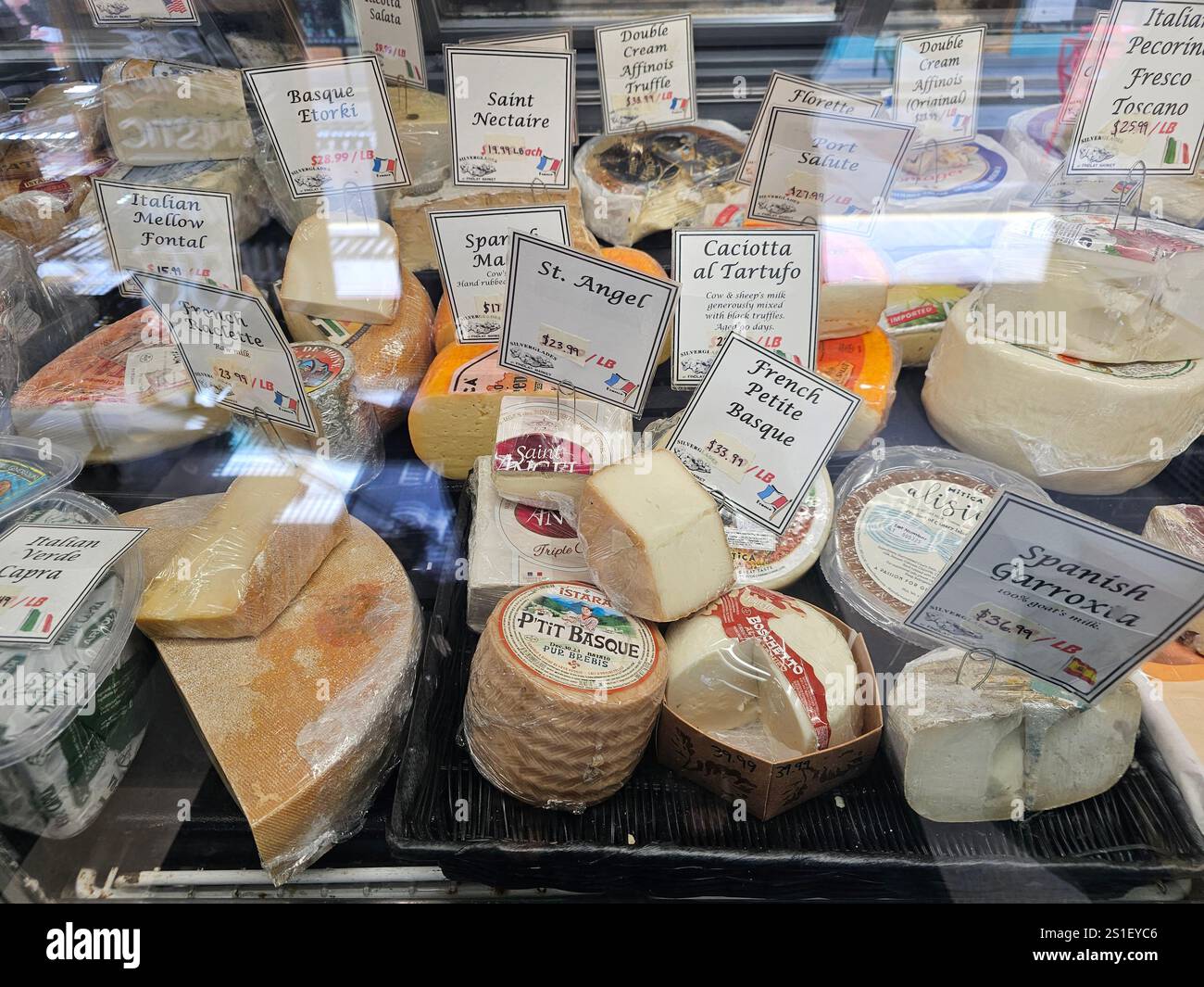 Cheese display in a shop in Cincinnati, Ohio - Smartphone Captured Stock Image