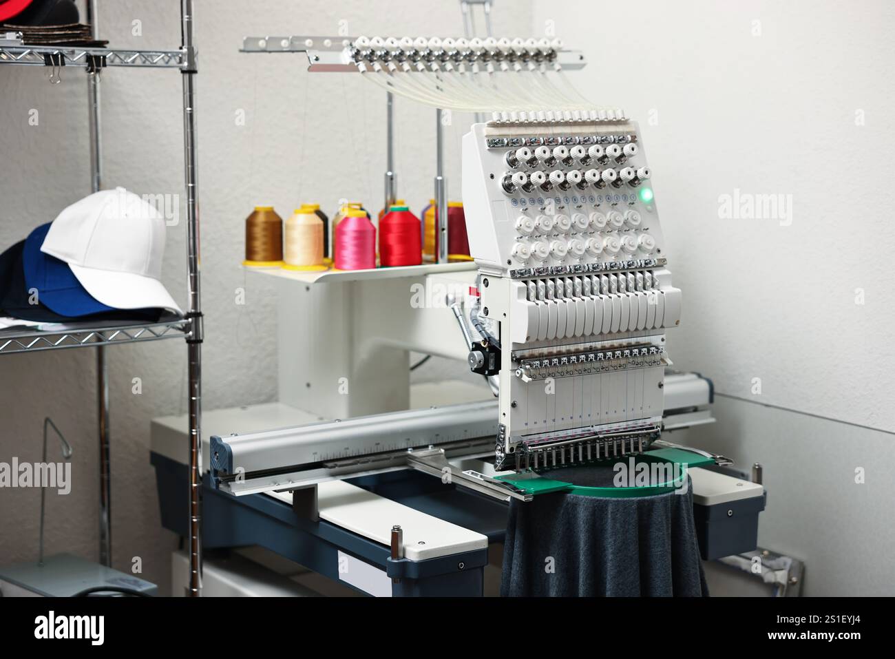 Modern embroidery machine with spools of thread indoors Stock Photo - Alamy