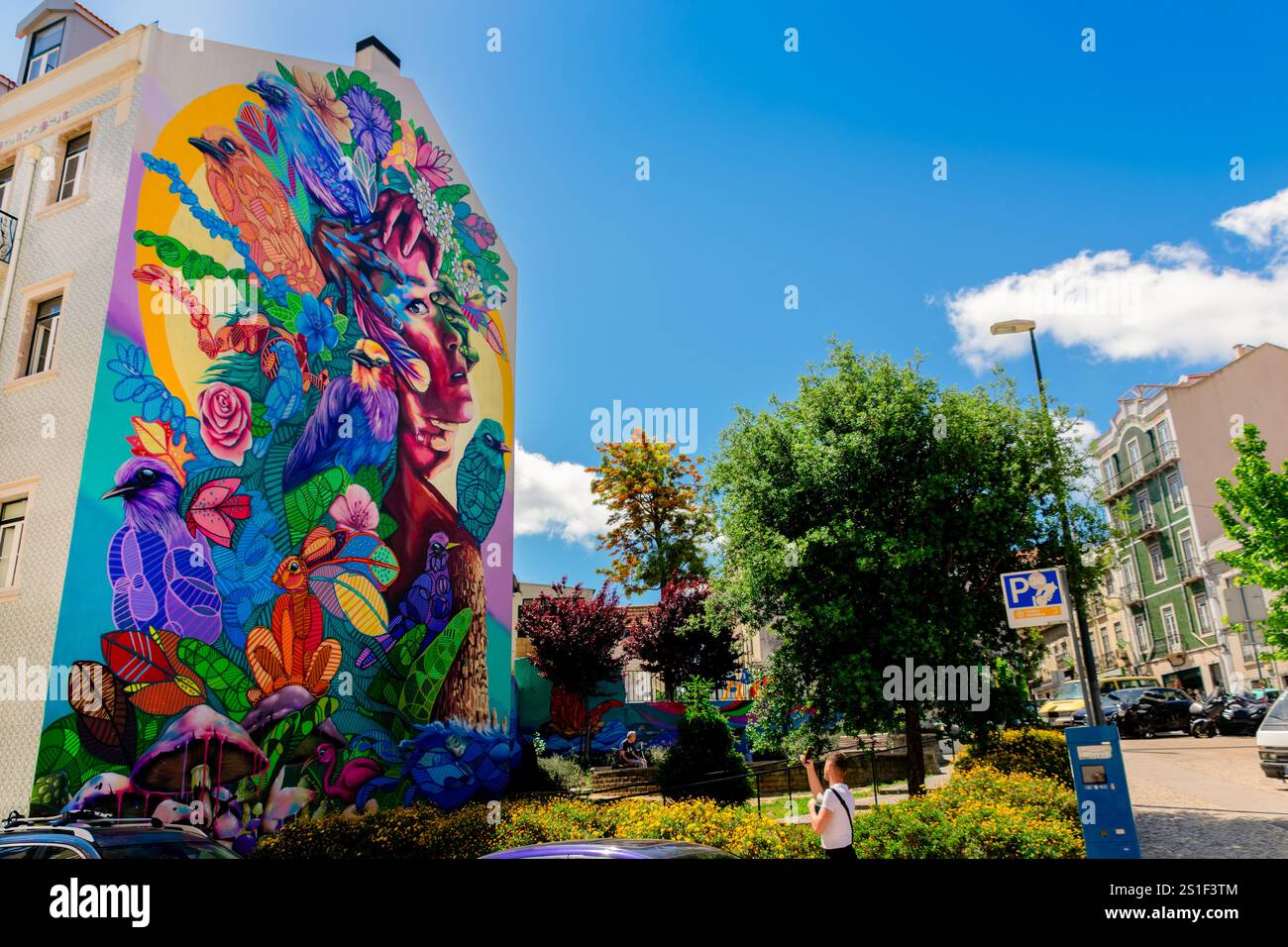 Fado Tropical in RGB Shades by Oze Arv, Graça, Lisbon. A vibrant mural blending fado and nature, reflecting Portugal's cultural and artistic essence. Stock Photo