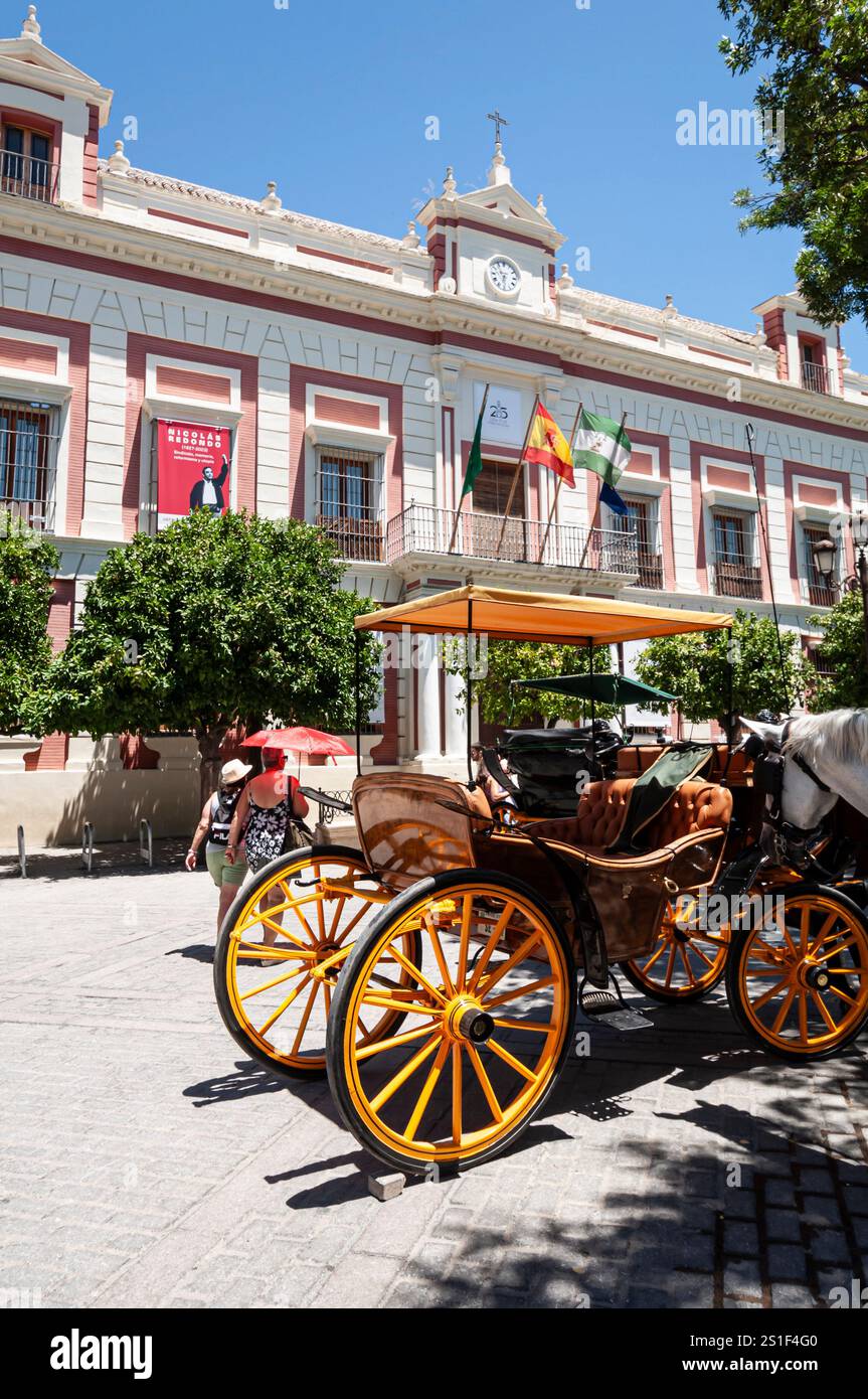Horse-drawn carriages prepared for to ride tourists in Sevilla, Andalusia, Spain Stock Photo