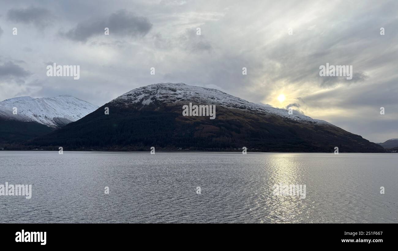 Sunset landscape view across Loch Linnhi in Scotland. Hills and Glens of the Scottish Highlands - Smartphone Captured Stock Image